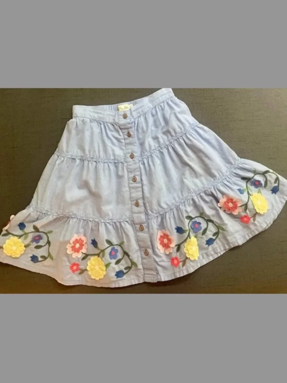 Mini Boden Floral Embroidered Hem Midi Skirt Blue SZ 8-9Y